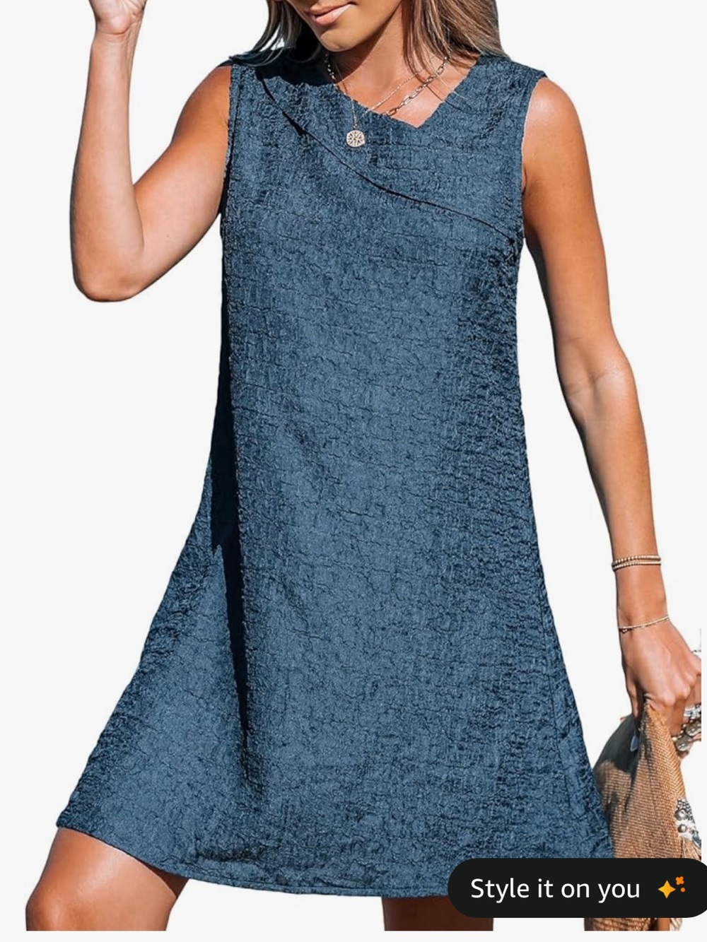 Sleeveless Textured A-Line Dress in Denim Blue